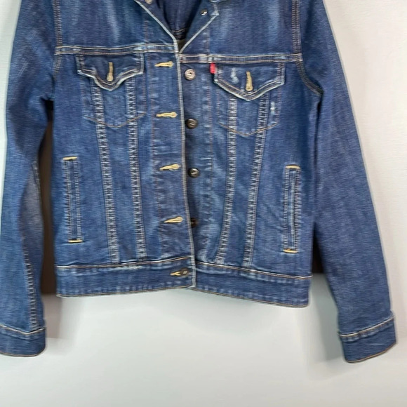 LEVIS Blue Dark Wash Denim Trucker Jean Jacket Red Tab Pockets Cotton Stretch M - Picture 5 of 14